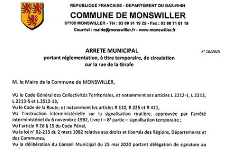 Arrêté municipal portant règlementation, à titre temporaire, de circulation sur la rue de la Girafe