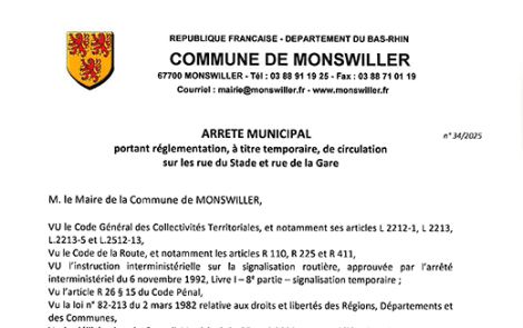 Arrêté de circulation temporaire sur les rue du Stade et rue de la Gare