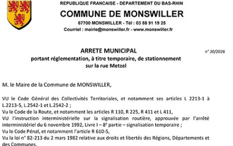 Arrêté portant règlementation, à titre temporaire, du stationnement dans la rue Metzel