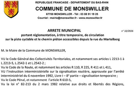 Arrêté portant règlementation, à titre temporaire, de la circulation sur la piste cyclable et cheminement piéton qui relie la rue du Martelberg et la rue des Rustauds