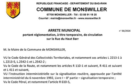 Arrêté de circulation portant règlementation, à titre temporaire, de la circulation rue du Haut-Barr