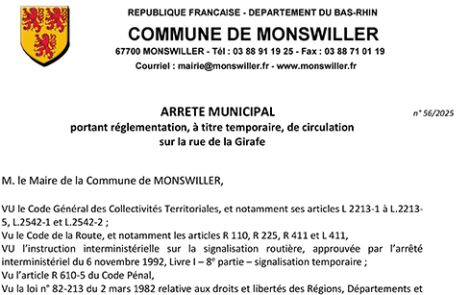 Arrêté municipal portant réglementation, à titre temporaire, de circulation sur la rue de la Girafe