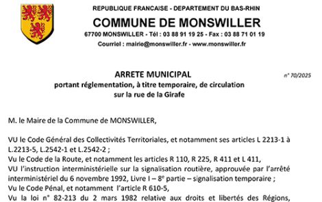 Arrêté municipal portant réglementation, à titre temporaire, de circulation sur la rue de la Girafe