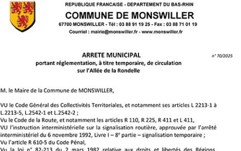 Arrêté municipal portant réglementation, à titre temporaire, de circulation sur la rue de la Rondelle