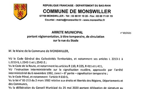 Arrêté municipal portant réglementation, à titre temporaire, de circulation sur la rue du Stade