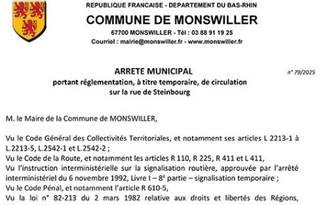 Arrêté portant règlementation, à titre temporaire, de la circulation rrêtés portant règlementation, à titre temporaire, de la circulation des piétons rue de Steinbourg