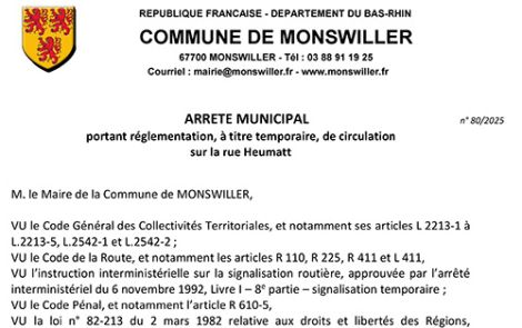 Arrêté portant règlementation, à titre temporaire, de la circulation Grand Rue 