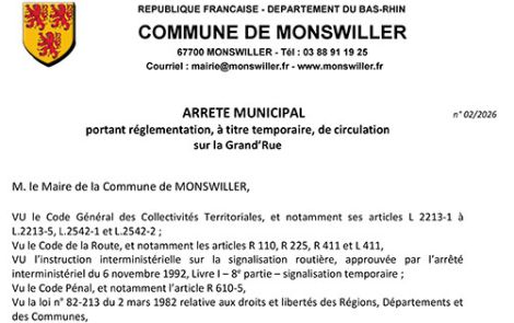 Arrêté portant règlementation, à titre temporaire, de la circulation Grand'Rue