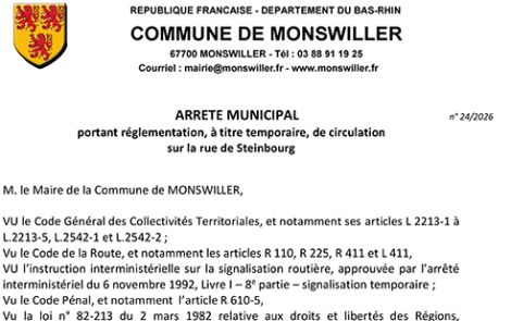 Arrêté portant règlementation, à titre temporaire, de la circulation rue de Steinbourg