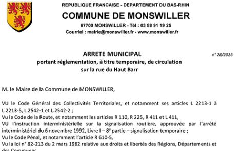 Arrêté portant règlementation, à titre temporaire, de la circulation rue du Haut Barr