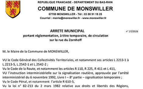 Arrêté portant règlementation, à titre temporaire, de la circulation rue du Zornhoff