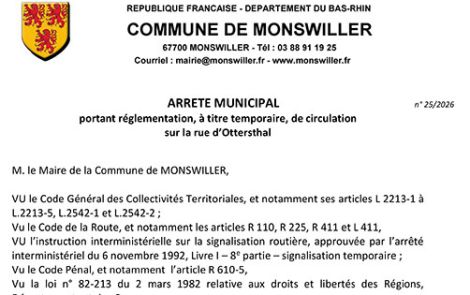 Arrêté portant règlementation, à titre temporaire, de la circulation rue d’Ottersthal