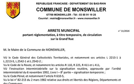 Arrêté portant règlementation, à titre temporaire, de la circulation Grand'Rue