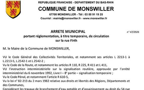 Arrêté portant règlementation, à titre temporaire, de la circulation rue Firth