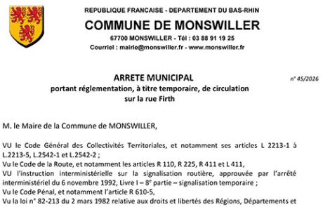 Arrêté portant règlementation, à titre temporaire, de la circulation rue Firth
