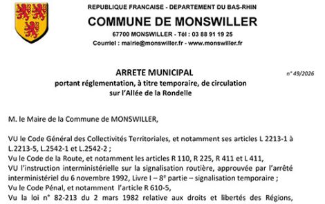 Arrêté portant règlementation, à titre temporaire, de la circulation allée de la Rondelle