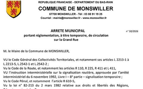 Arrêté portant règlementation, à titre temporaire, de la circulation Grand'Rue