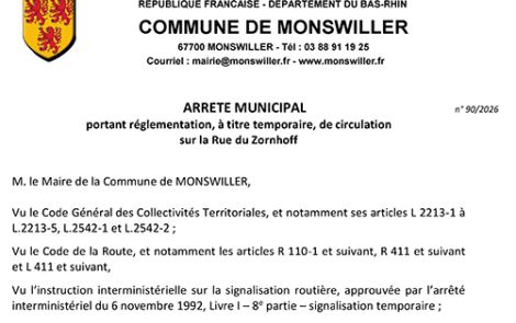 Arrêté portant règlementation, à titre temporaire, de la circulation rue du Zornhoff.