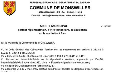 Arrêté portant règlementation, à titre temporaire, de la circulation sur la rue du Haut-Barr